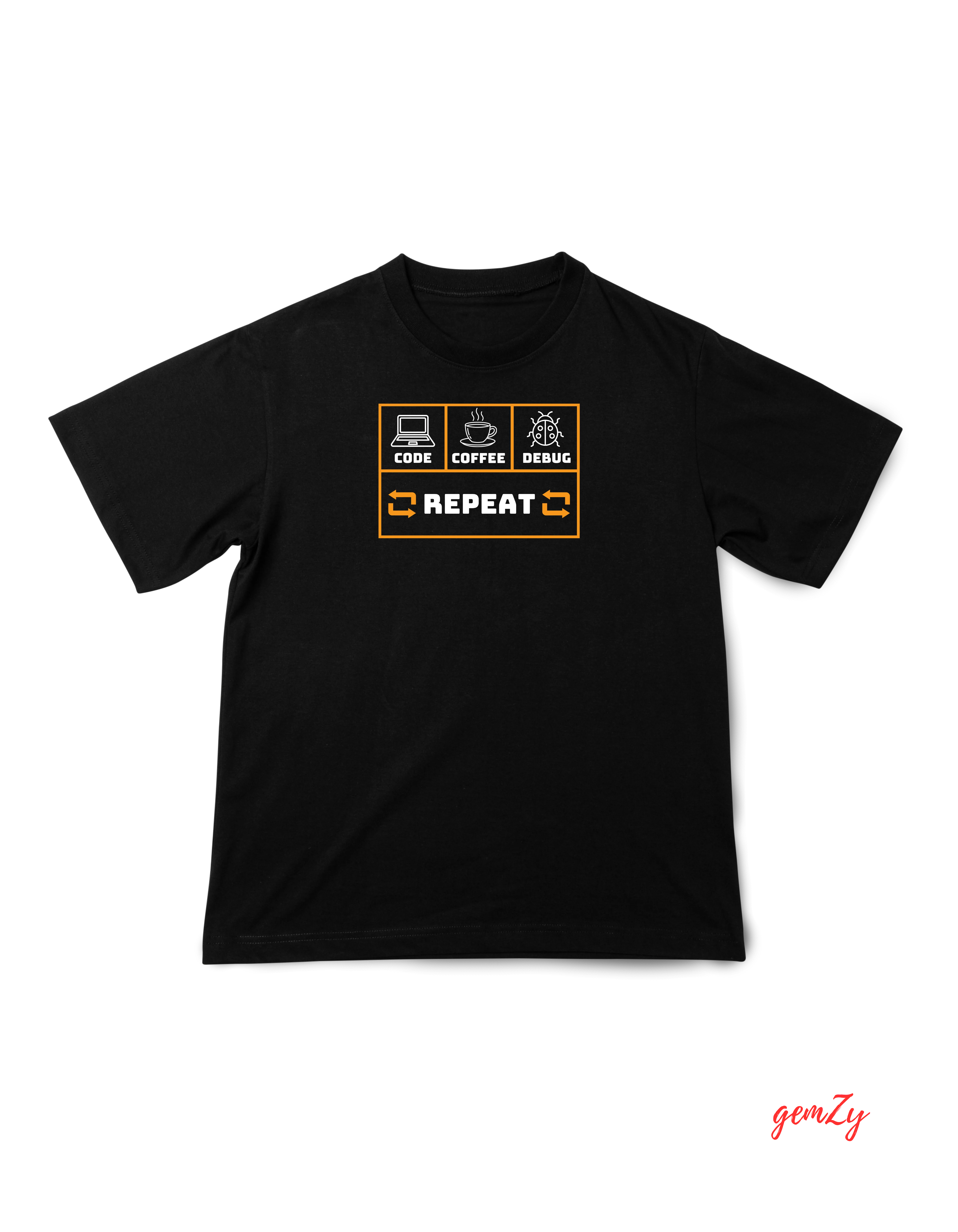 Black tee printed with CODE, COFFEE, DEBUG, REPEAT icons in orange grid