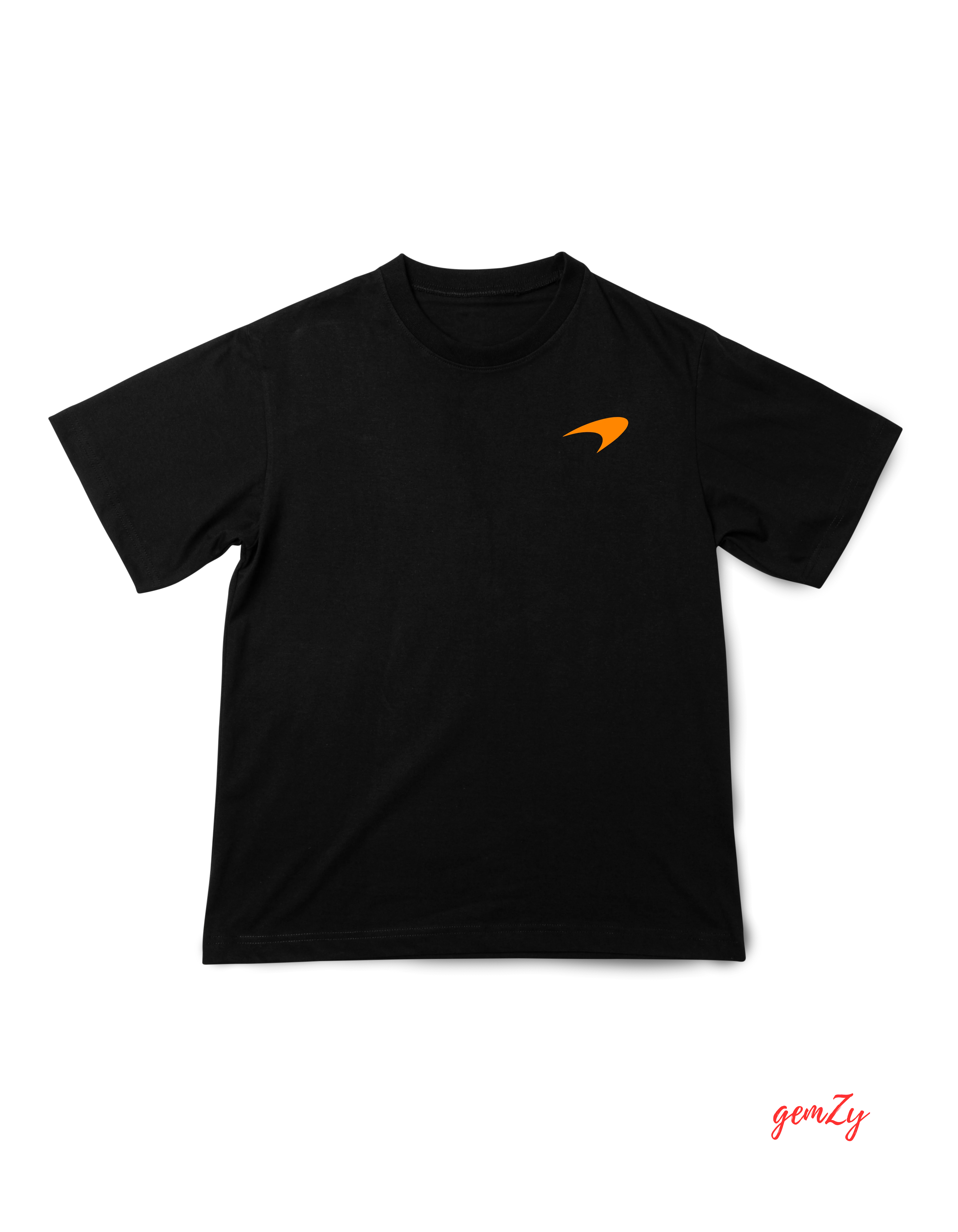 Black tee with small papaya McLaren speedmark on the chest