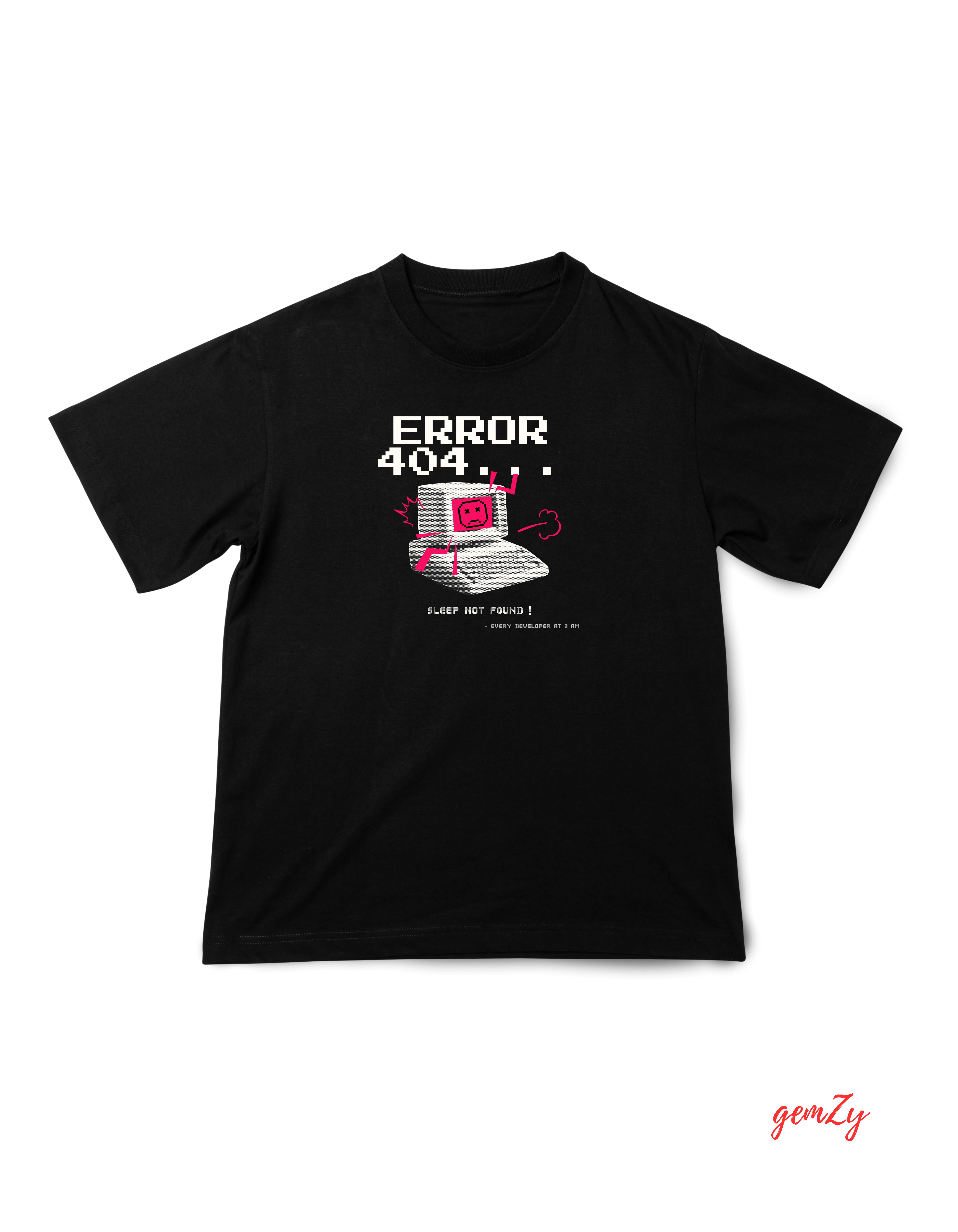 Black tee with crying CRT monitor and ERROR 404 SLEEP NOT FOUND text