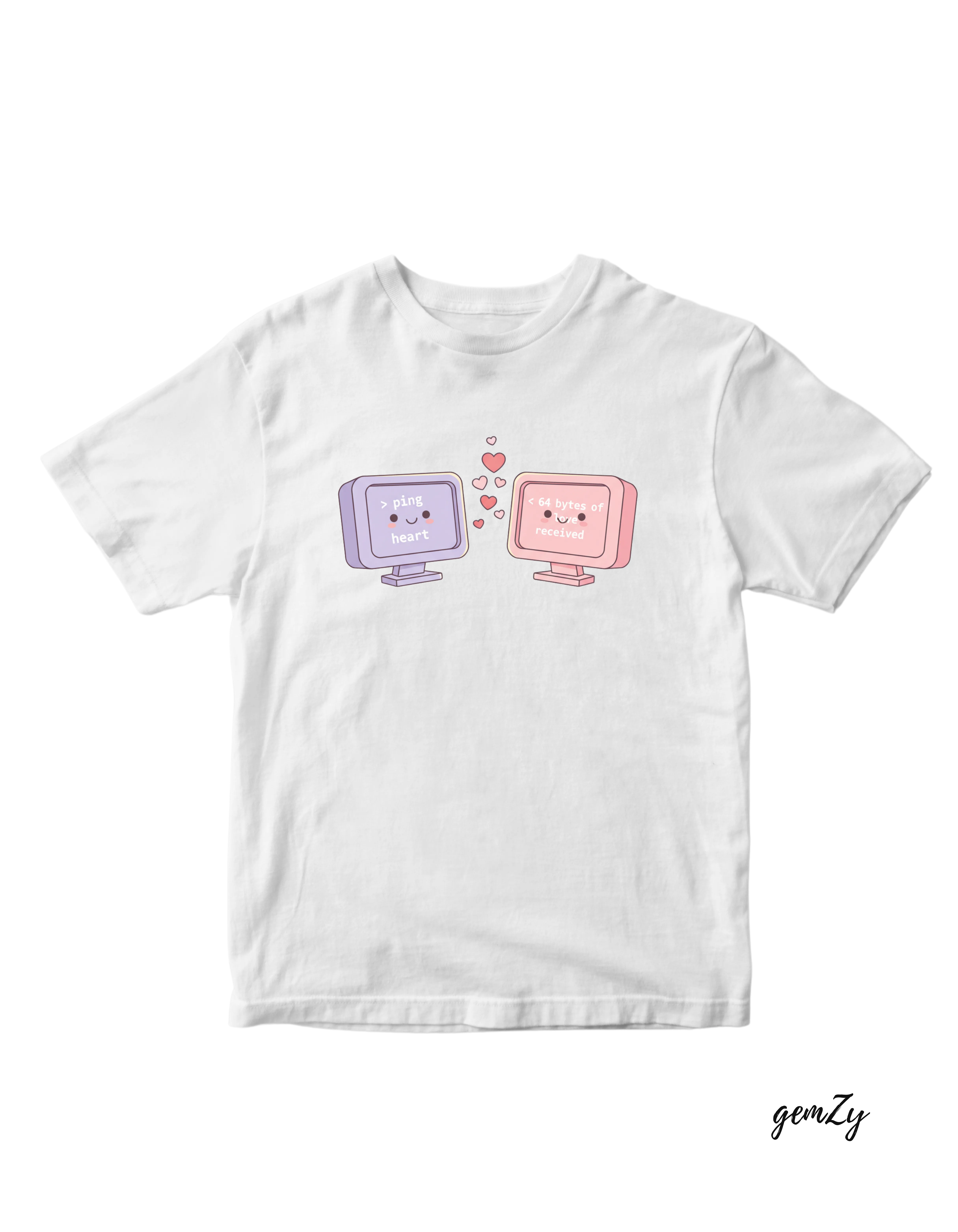 White tee with two pastel CRT monitors facing each other with hearts between them