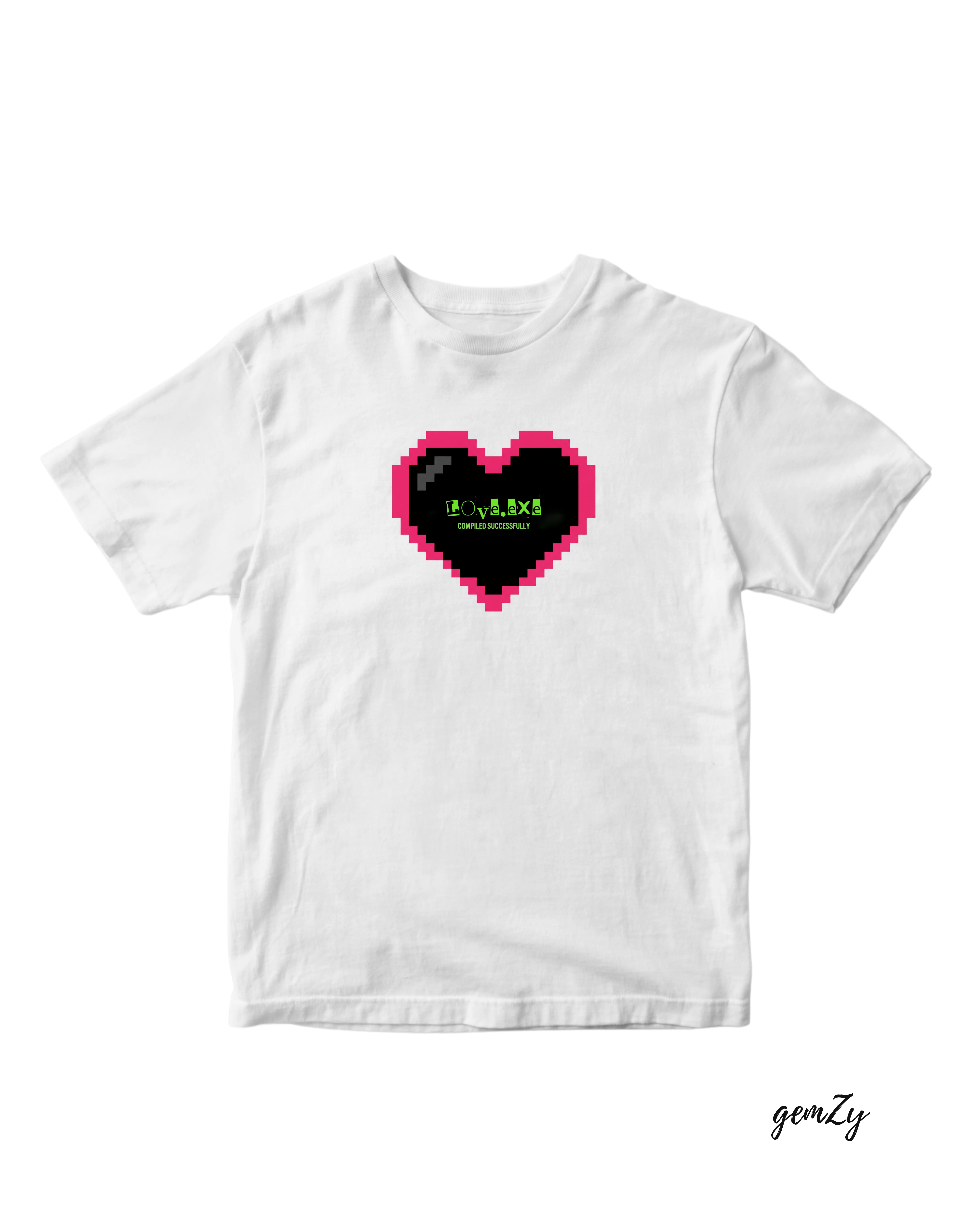 White tee with pixelated magenta heart and green I LOVE U text inside
